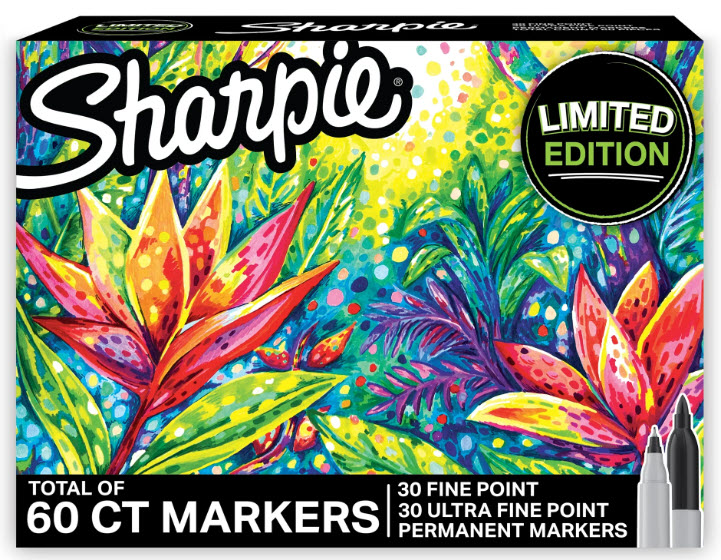 Box of 60 Sharrpie permanent markers with a vibrant design