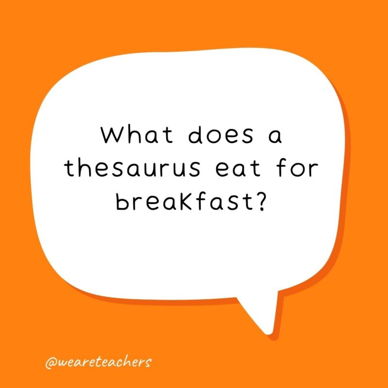 What does a thesaurus eat for breakfast? A synonym roll.- school jokes for kids What does a thesaurus eat for breakfast? A synonym roll.- school jokes for kids