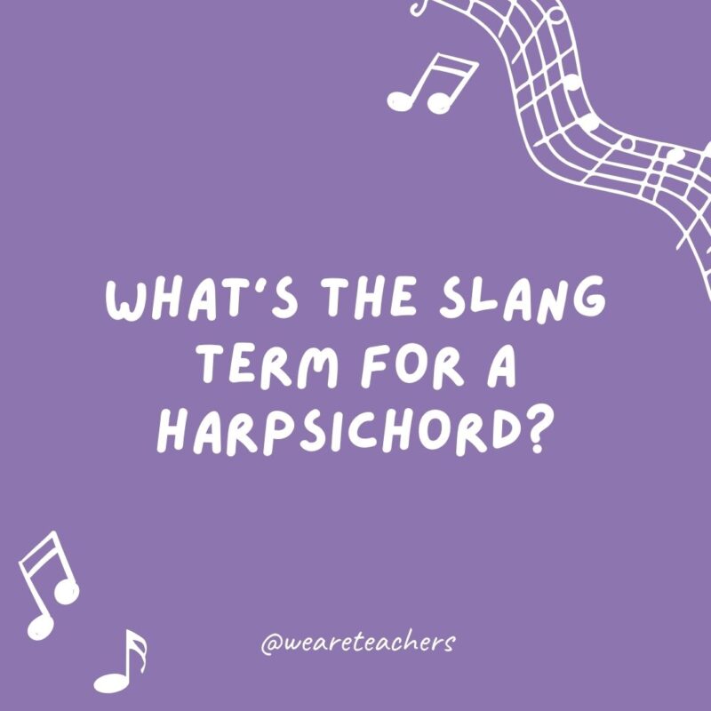 Music jokes: What’s the slang term for a harpsichord? A Baroque man’s piano. Music jokes: What’s the slang term for a harpsichord? A Baroque man’s piano.