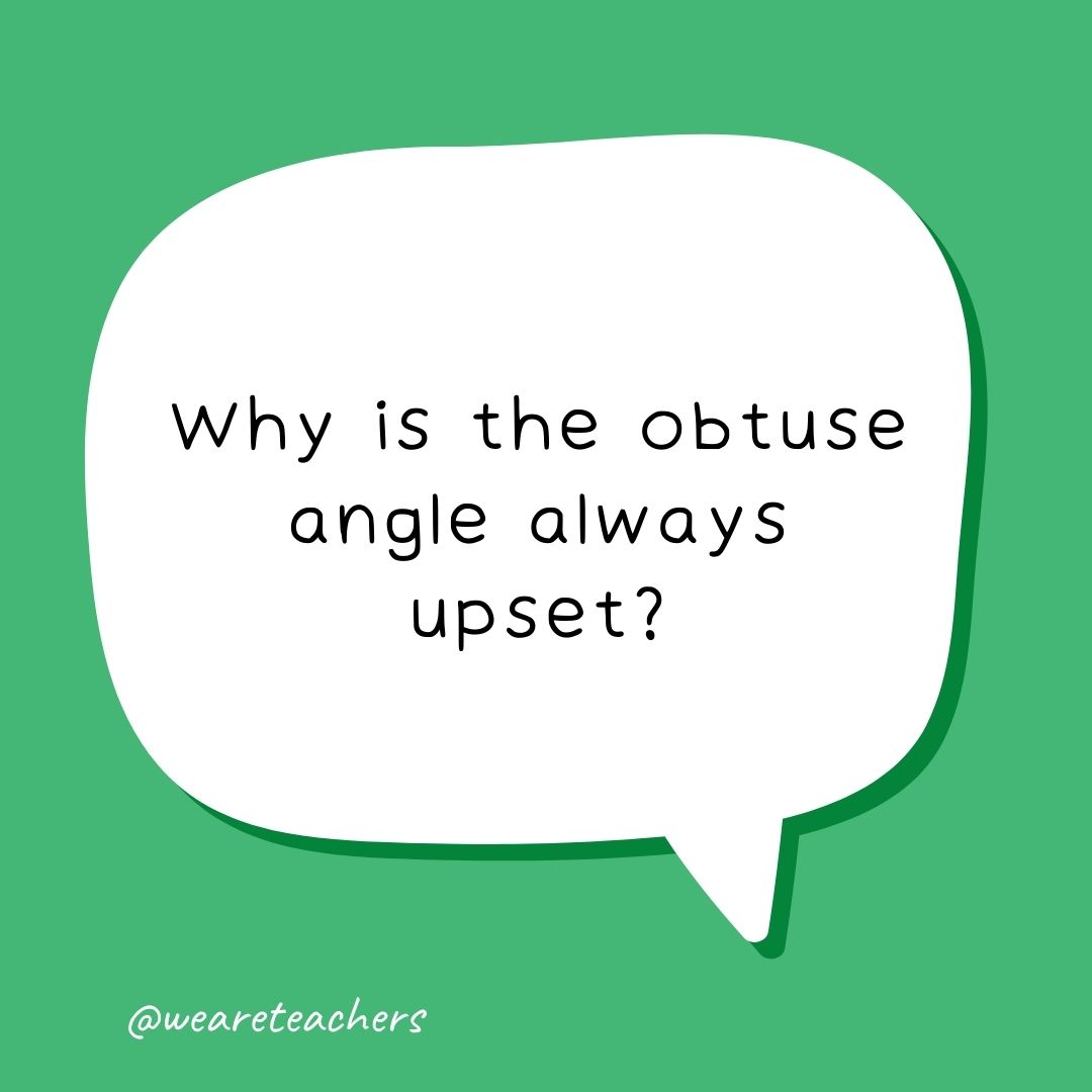 Why is the obtuse angle always upset? He can never be right!- school jokes for kids
Why is the obtuse angle always upset?
He can never be right!- school jokes for kids