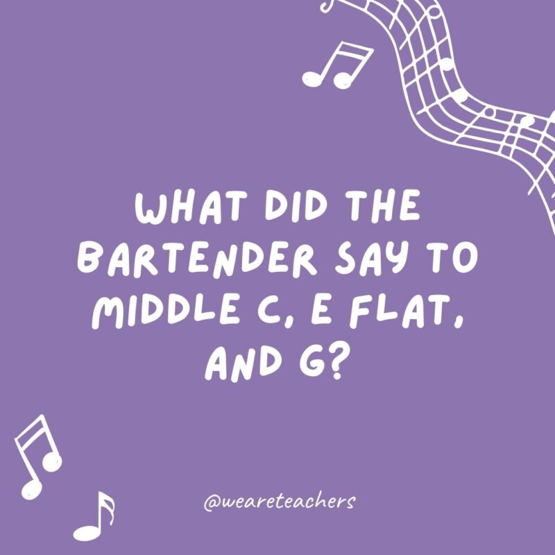 What did the bartender say to Middle C, E flat, and G? “Sorry, we don’t serve minors.” What did the bartender say to Middle C, E flat, and G? “Sorry, we don’t serve minors.”