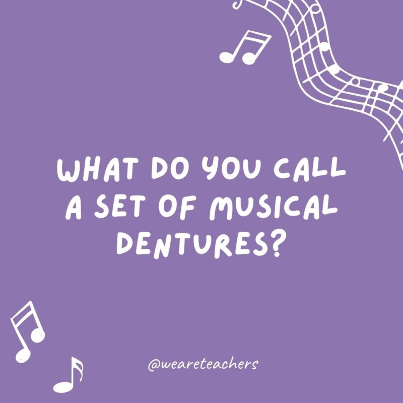 What do you call a set of musical dentures? Falsetto teeth. What do you call a set of musical dentures? Falsetto teeth.