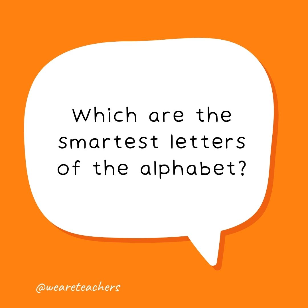 Which are the smartest letters of the alphabet? The (wise) Ys. Which are the smartest letters of the alphabet?
The (wise) Ys.- school jokes for kids