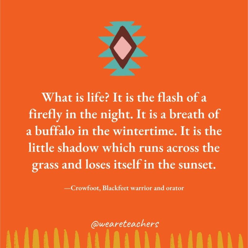 What is life? It is the flash of a firefly in the night. It is a breath of a buffalo in the wintertime. It is the little shadow which runs across the grass and loses itself in the sunset. —Crowfoot, Blackfeet warrior and orator What is life? It is the flash of a firefly in the night. It is a breath of a buffalo in the wintertime. It is the little shadow which runs across the grass and loses itself in the sunset. —Crowfoot, Blackfeet warrior and orator