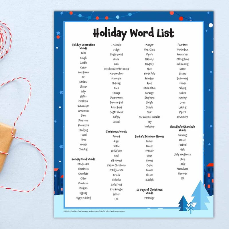 list of holiday winter words for holiday staff game - staff party games
