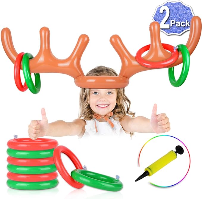 reindeer ring toss game brown antlers and red and green rings 