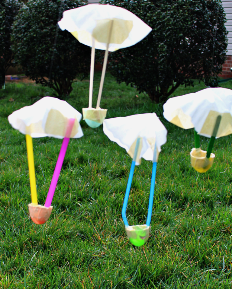 parachute-egg-drop egg drop challenge with cups and coffee liner parachutes