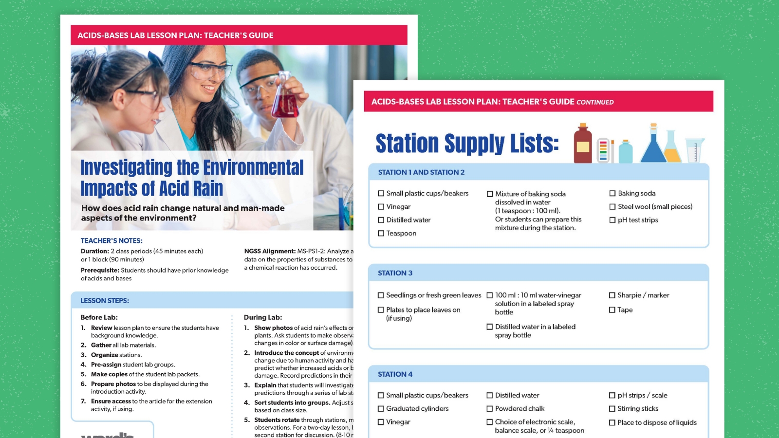 Image showing the teacher's guide and lab supply list for the acid rain experiment kit