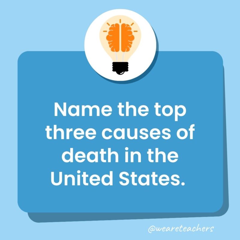 Name the top three causes of death in the United States. Name the top three causes of death in the United States.-trivia questions for kids