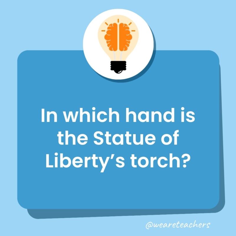 In which hand is the Statue of Liberty’s torch? In which hand is the Statue of Liberty's torch?- trivia questions for kids