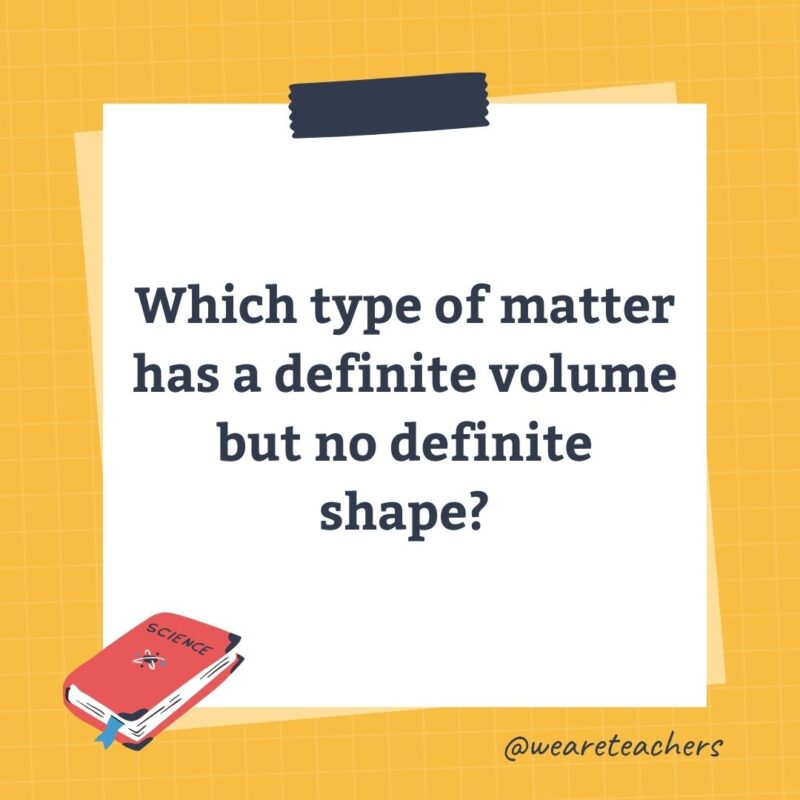 Which type of matter has a definite volume but no definite shape? Which type of matter has a definite volume but no definite shape?