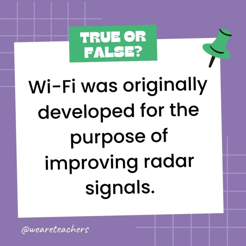 Wi-Fi was originally developed for the purpose of improving radar signals.- true or false questions Wi-Fi was originally developed for the purpose of improving radar signals.- true or false questions