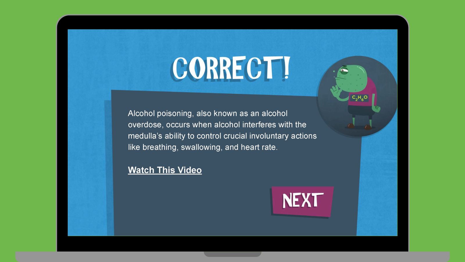 This Free Game Teaches Students How Alcohol Affects Their Developing Brain Image showing what happens when students answer a question correctly