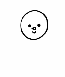 A black marker drawing on a white background has a round circle with two small dots for eyes, a small sideways triangle for a nose, and a small U shape for a mouth. This forms the head in the first step of how to draw a snowman. 