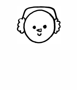 A black marker drawing on a white background has a round circle with two small dots for eyes, a small sideways triangle for a nose, and a small U shape for a mouth. There are a pair of earmuffs on the top of the head in this second step in how to draw a snowman. 