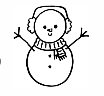 A black marker drawing of a snowman on a white background is shown. It has two small black eyes, a triangle shape nose, a u shape mouth, a scarf, ear muffs, and two buttons on its body. There are also two stick arms extending out from either side.