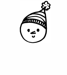 A black marker drawing on a white background has a round circle with two small dots for eyes, a small sideways triangle for a nose, and a small U shape for a mouth.  A winter hat is formed by a curving triangle with stripes across it and a pom pom on top. This is the second step in how to draw a snowman.