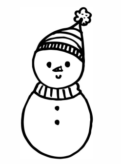 A black marker drawing of a snowman on a white background is shown. It has two small black eyes, a triangle shape nose, a u shape mouth, a scarf, a winter hat with a pom pom, and two buttons on its body. 