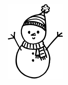 A black marker drawing of a snowman on a white background is shown. It has two small black eyes, a triangle shape nose, a u shape mouth, a scarf, a winter hat with a pom pom, and two buttons on its body. There are also two stick arms extending out from either side.