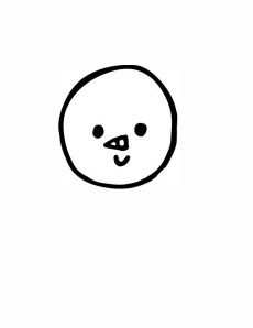 A black marker drawing on a white background has a round circle with two small dots for eyes, a small sideways triangle for a nose, and a small U shape for a mouth. This forms the head in the first step of how to draw a snowman. 