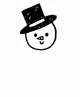 A black marker drawing on a white background has a round circle with two small dots for eyes, a small sideways triangle for a nose, and a small U shape for a mouth. There is a black, slanted top hat on the top of the head in this second step in how to draw a snowman. 