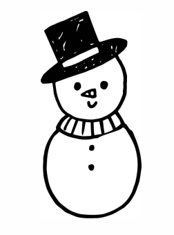 A black marker drawing of a snowman on a white background is shown. It has two small black eyes, a triangle shape nose, a u shape mouth, a scarf, a black top hat, and two buttons on its body. 