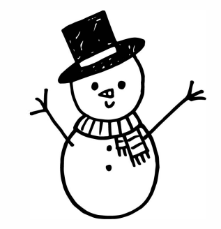 A black marker drawing of a snowman on a white background is shown. It has two small black eyes, a triangle shape nose, a u shape mouth, a scarf, a top hat, and two buttons on its body. There are also two stick arms extending out from either side.