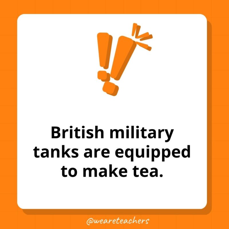 Weird fun facts – British military tanks are equipped to make tea. Weird fun facts - British military tanks are equipped to make tea.