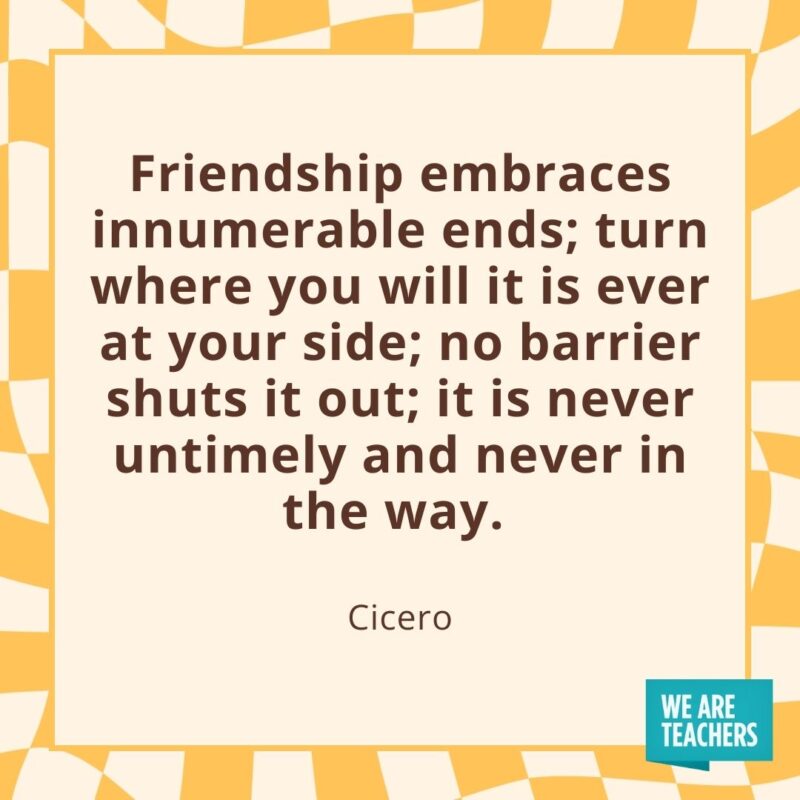 Friendship embraces innumerable ends; turn where you will it is ever at your side; no barrier shuts it out; it is never untimely and never in the way. —Cicero Friendship embraces innumerable ends; turn where you will it is ever at your side; no barrier shuts it out; it is never untimely and never in the way. —Cicero