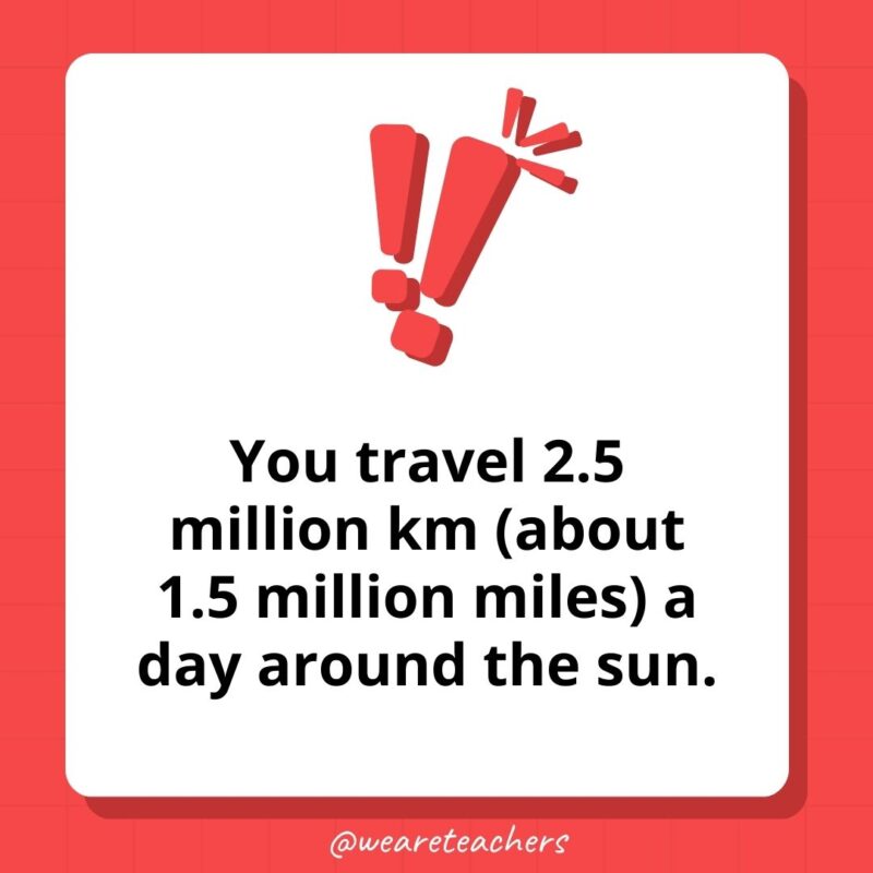You travel 2.5 million km (about 1.5 million miles) a day around the sun.- weird fun facts You travel 2.5 million km (about 1.5 million miles) a day around the sun.- weird fun facts
