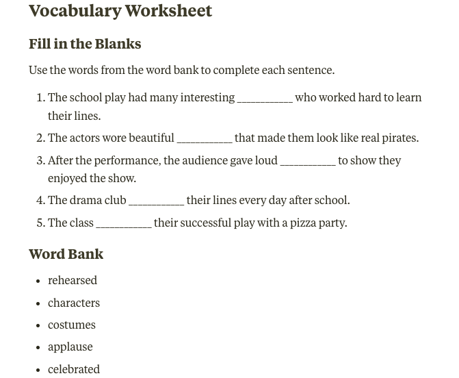 Sample fill-in-the-blank sentences for vocabulary words as an example of using AI for vocabulary instruction