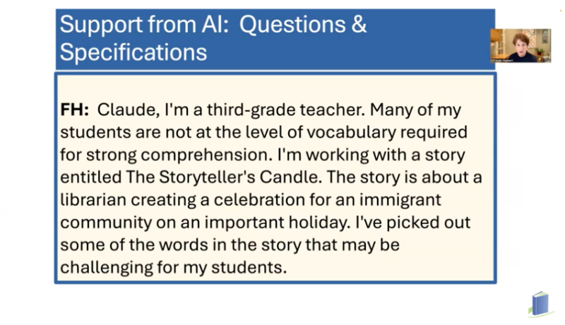 Sample AI prompt for asking for guidance selecting vocabulary words from a book appropriate for third grade
