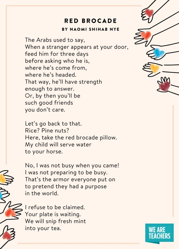 30 Heartwarming Poems About Friendship To Share With Students Red Brocade by Naomi Shihab Nye an example of poems about friendship
