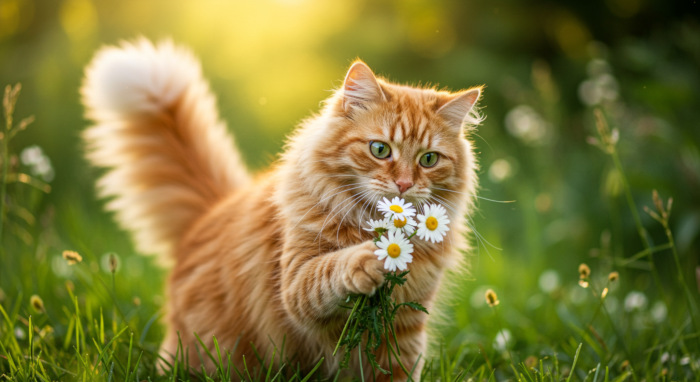 cat picking daisies