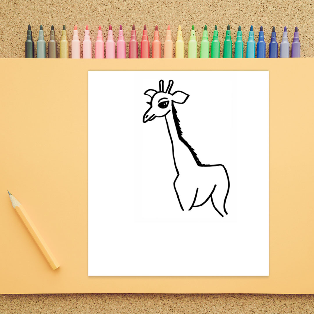 The profile view of a giraffe is shown. The neck and half of the body is shown. There is fur down the back of the head and back.