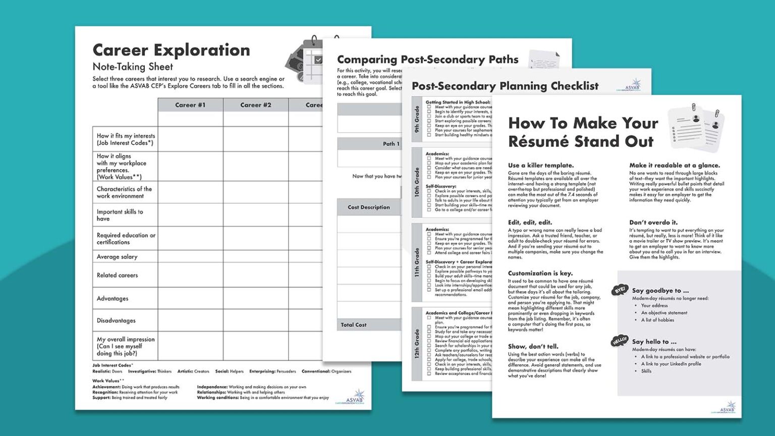 Career Education Worksheet An image shows several career exploration worksheets on it.