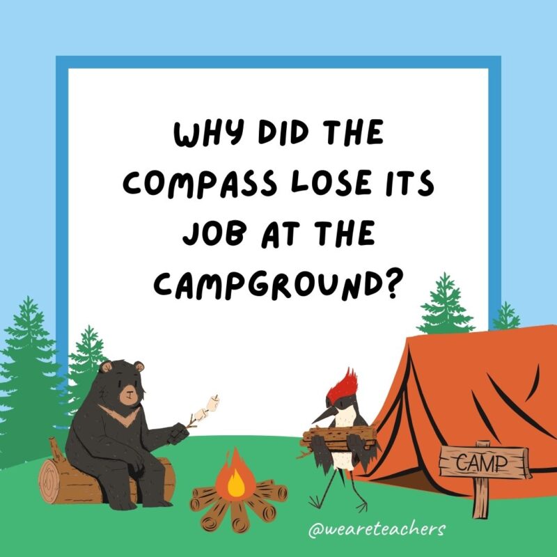 Why did the compass lose its job at the campground? It had no sense of direction. Why did the compass lose its job at the campground? It had no sense of direction.