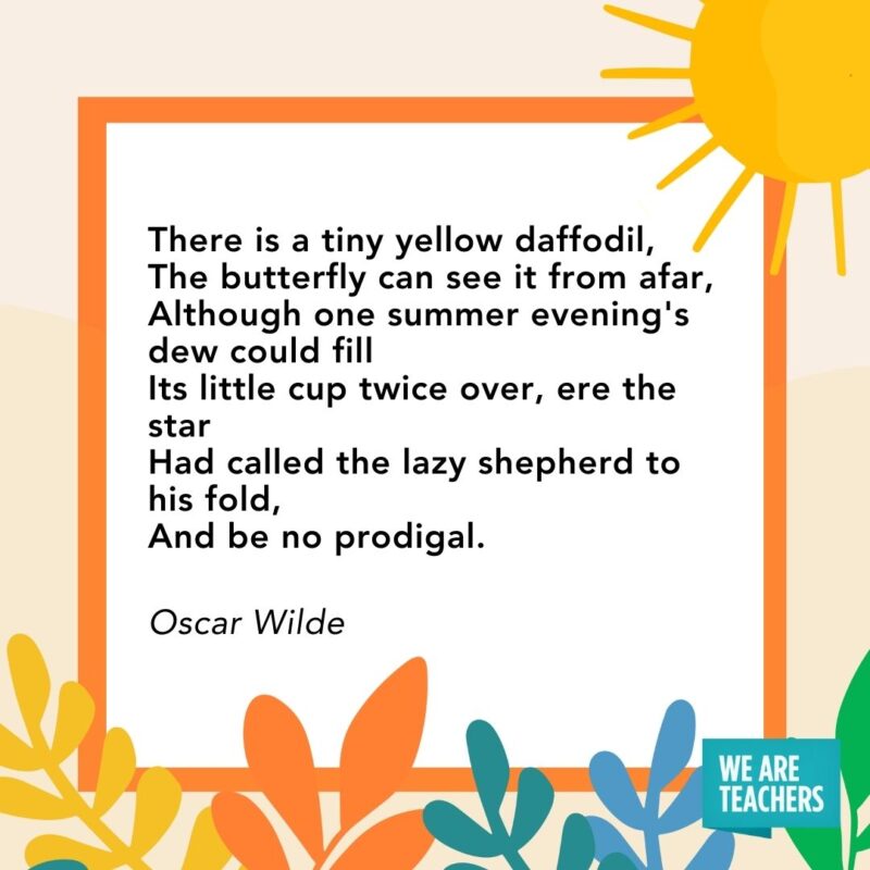 There is a tiny yellow daffodil,
The butterfly can see it from afar, 
Although one summer evening's dew could fill 
Its little cup twice over, ere the star
Had called the lazy shepherd to his fold,
And be no prodigal. — Oscar Wilde
