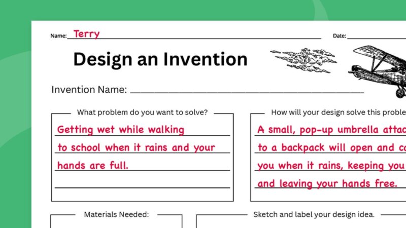 Design an Invention Worksheet (Free Printable) Image of the invention worksheet with example invention