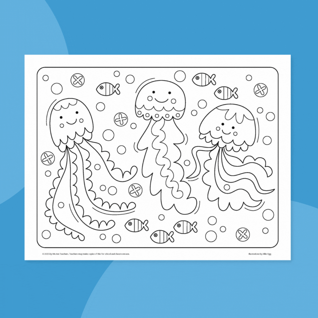 WeAreTeachers_Article_Ocean Coloring Pages (1) ocean coloring pages options: octopus, jellyfish, whale