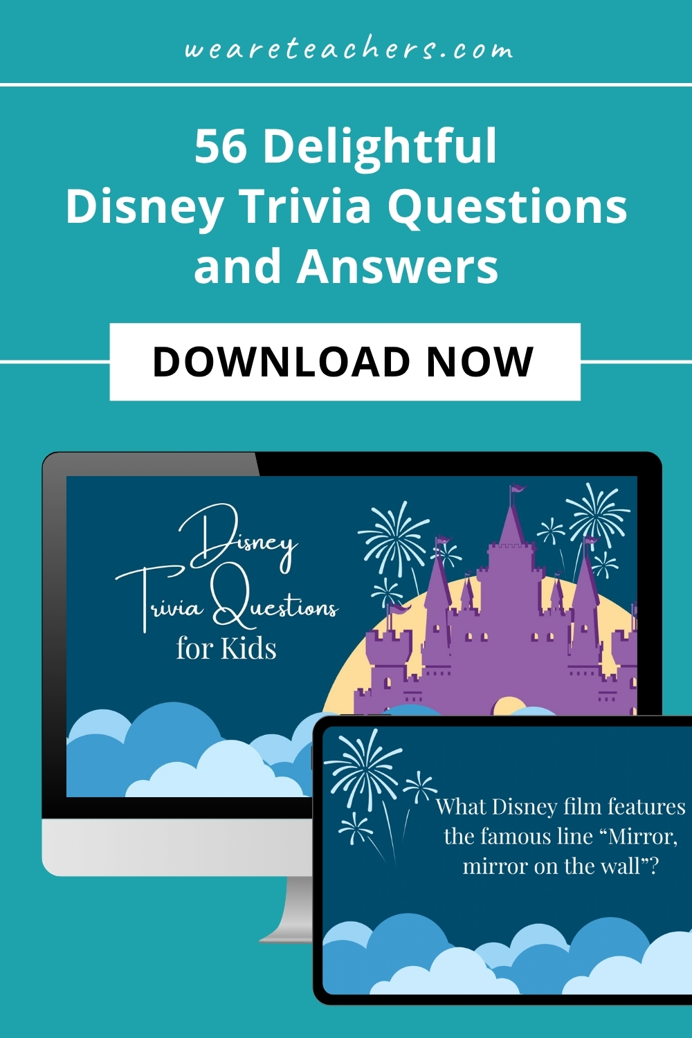 WeAreTeachers_Article_Disney Trivia_Pinterest Pin These Disney trivia questions will test the knowledge of Disney fans of every generation. Use them for breaks, fun competitions, and parties.