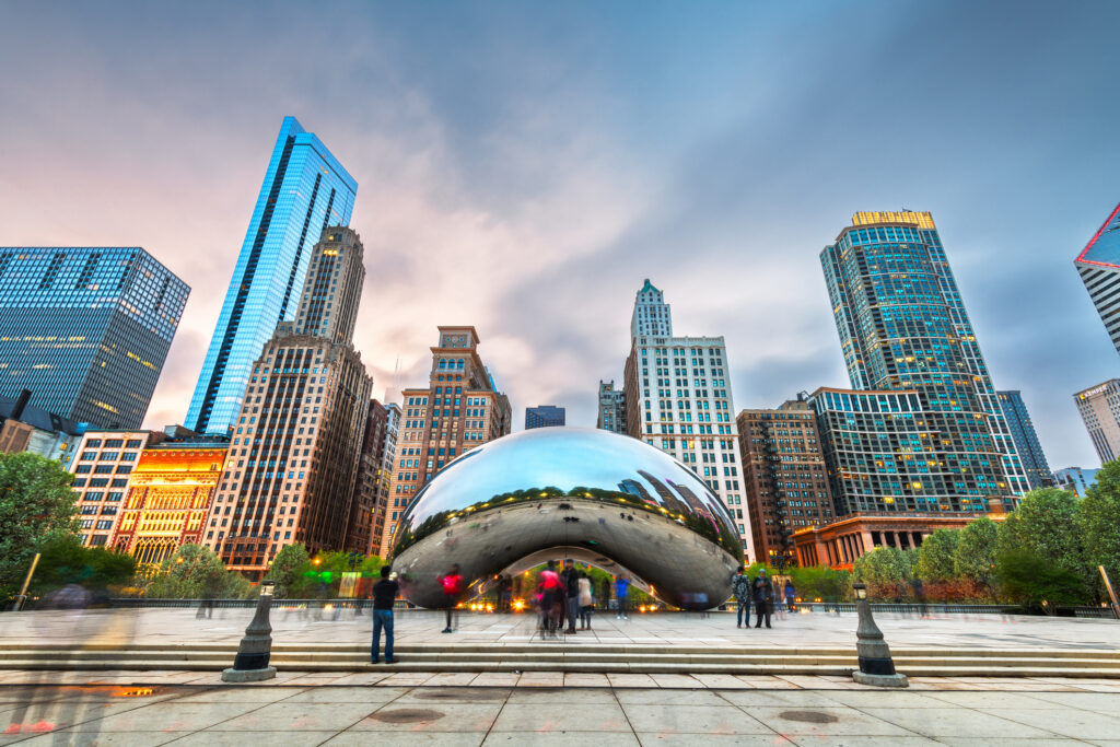 Chicago's Cloud Gate in Millennium Park in the evening. The sculpture was completed in 2006.