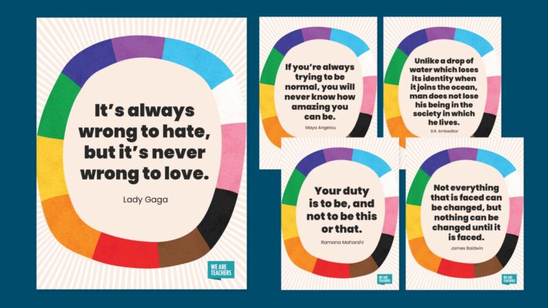 Collage of five colorful Pride Month Quotes on posters.