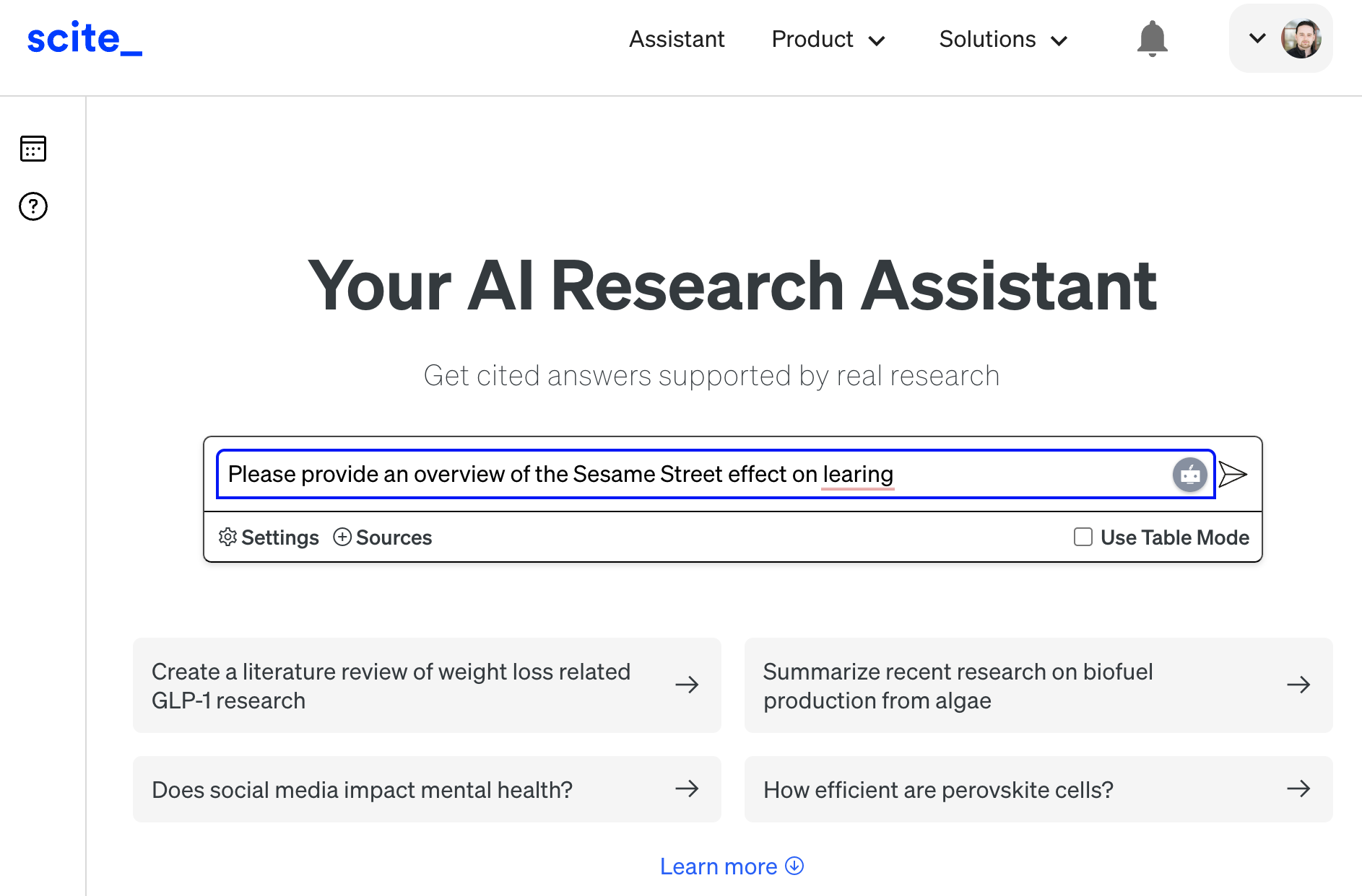 A screenshot of Scite's homepage