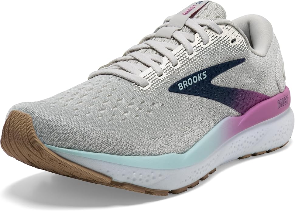 Brooks Ghost sneakers in grey with black, pink, and blue accents