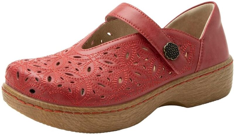 Alegria Ophelia Mary Jane shoes in red leather with floral cutouts