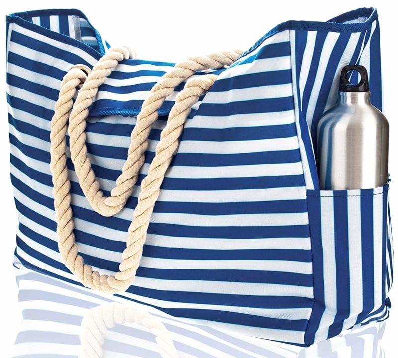 Blue and white striped beach bag