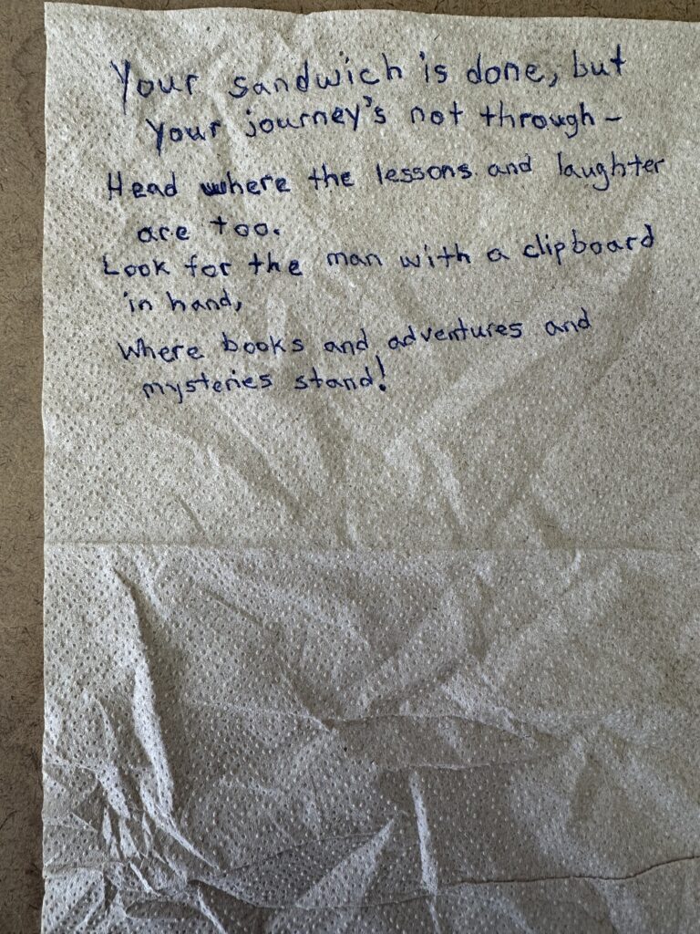 Photo of napkin from scavenger hunt