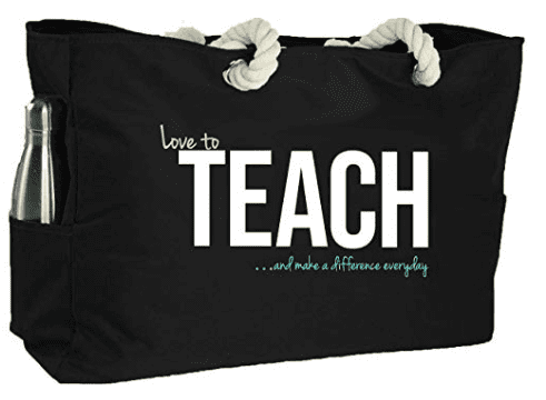 Large black tote bag with rope handles that says TEACH