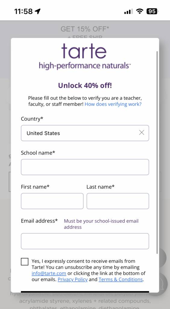 Tarte teacher discount website screenshot